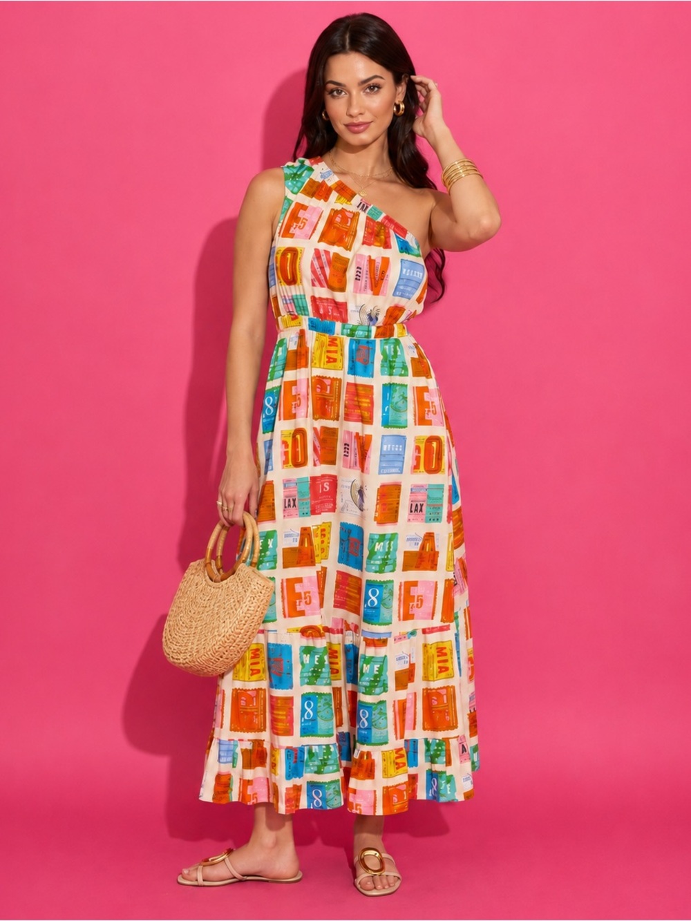 Alden Adair Addison Voyage One Shoulder Tiered Maxi Dress NWT Small